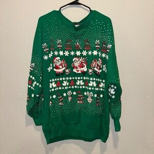 Nutcracker Christmas Sweater Green Santa‎ Snowflakes Noel XL Vintage 44